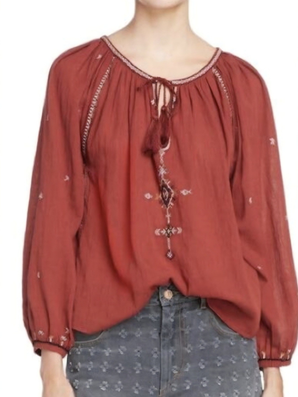 Embroidered Tie-Neck Peasant Blouse in Rust